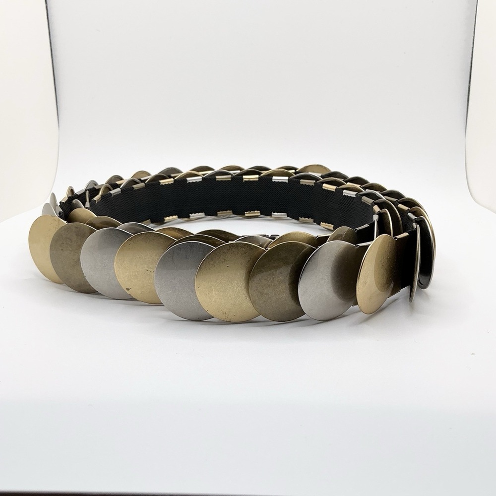 Tricolor Gold Silver Medallion Metal Coin Stretch Belt 70s 80s Glam Disco Large
